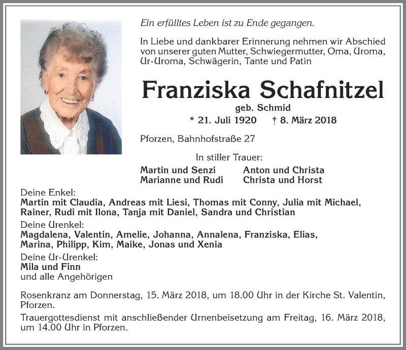 Traueranzeige von Franziska Schafnitzel von Allgäuer Zeitung, Kaufbeuren/Buchloe