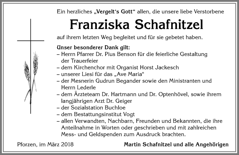 Traueranzeige von Franziska Schafnitzel von Allgäuer Zeitung, Kaufbeuren/Buchloe