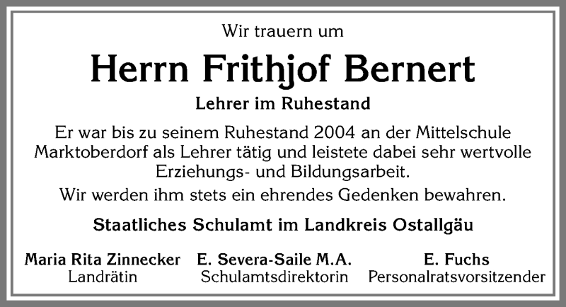 Traueranzeige von Frithjof Bernert von Allgäuer Zeitung, Marktoberdorf