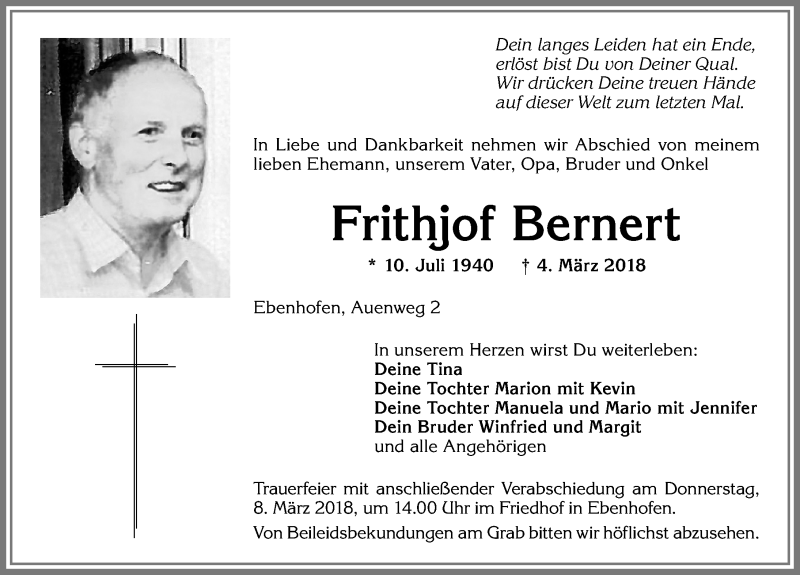 Traueranzeige von Frithjof Bernert von Allgäuer Zeitung, Marktoberdorf