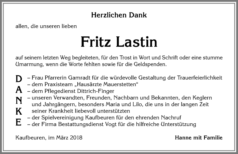 Traueranzeige von Fritz Lastin von Allgäuer Zeitung, Kaufbeuren/Buchloe