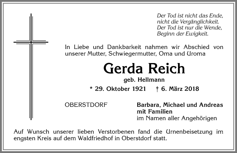 Traueranzeige von Gerda Reich von Allgäuer Anzeigeblatt