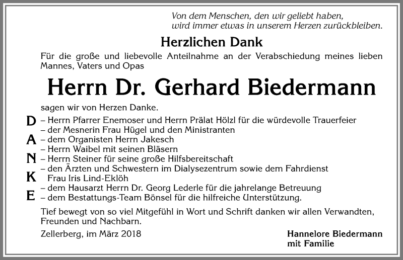 Traueranzeige von Gerhard Biedermann von Allgäuer Zeitung, Kaufbeuren/Buchloe