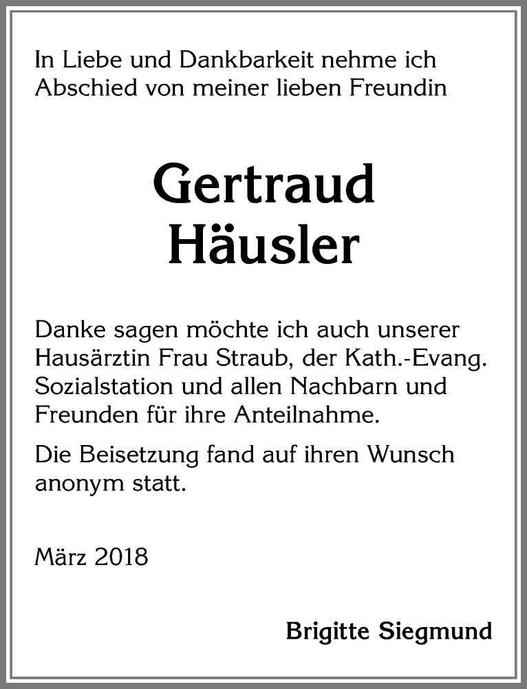 Traueranzeige von Gertraud Häusler von Allgäuer Zeitung, Füssen