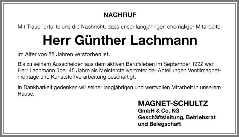 Traueranzeige von Günther Lachmann von Memminger Zeitung