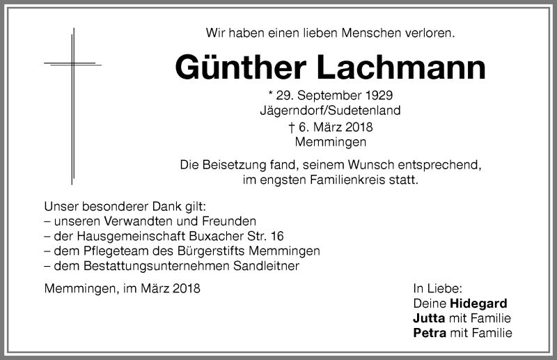 Traueranzeige von Günther Lachmann von Memminger Zeitung