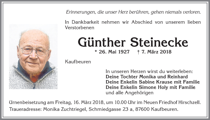 Traueranzeige von Günther Steinecke von Allgäuer Zeitung, Kaufbeuren/Buchloe