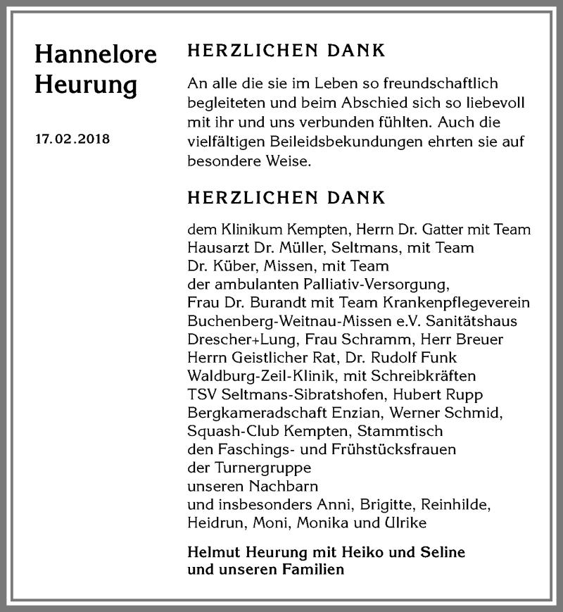 Traueranzeige von Hannelore Heurung von Allgäuer Zeitung,Kempten