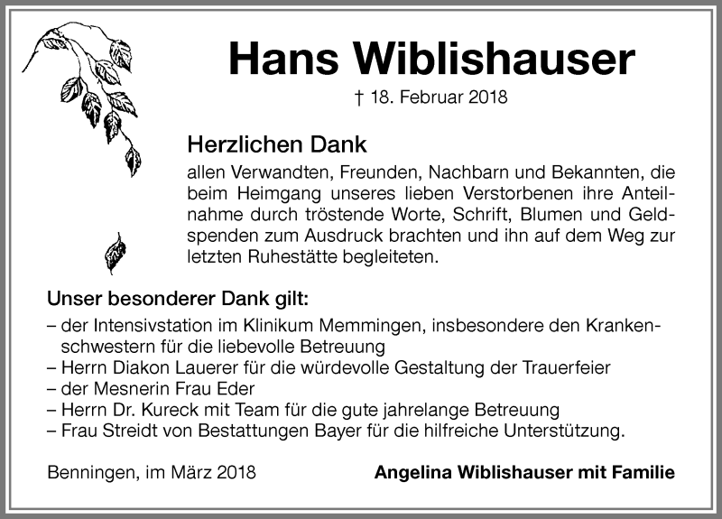 Traueranzeige von Hans Wiblishauser von Memminger Zeitung