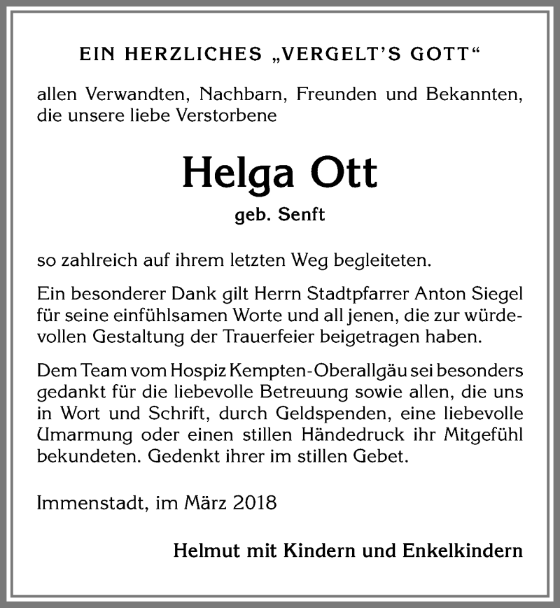 Traueranzeige von Helga Ott von Allgäuer Anzeigeblatt