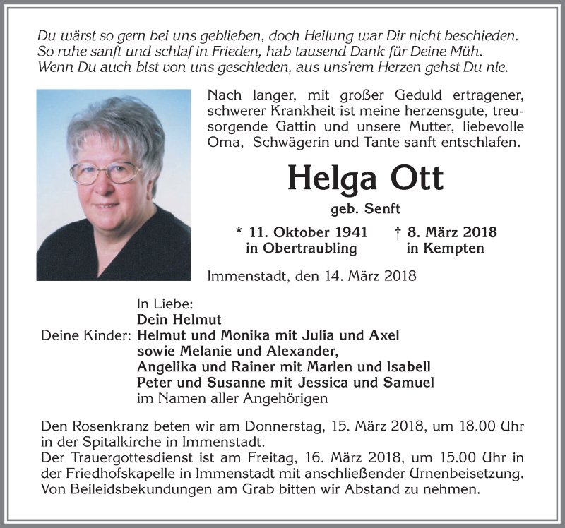 Traueranzeige von Helga Ott von Allgäuer Anzeigeblatt