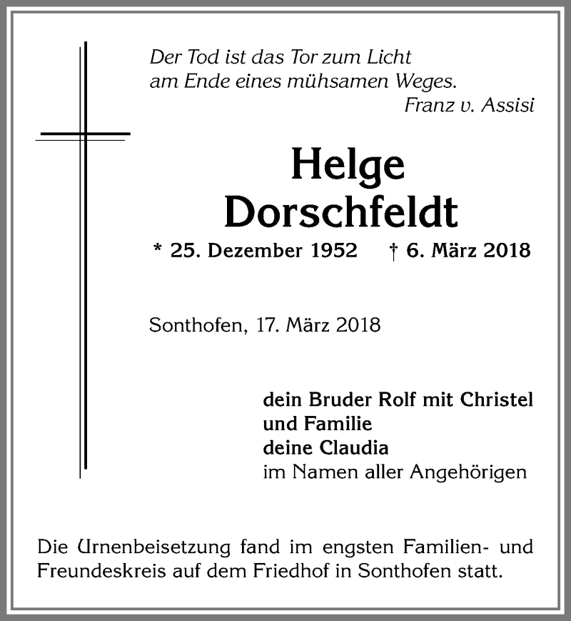 Traueranzeige von Helge Dorschfeldt von Allgäuer Anzeigeblatt