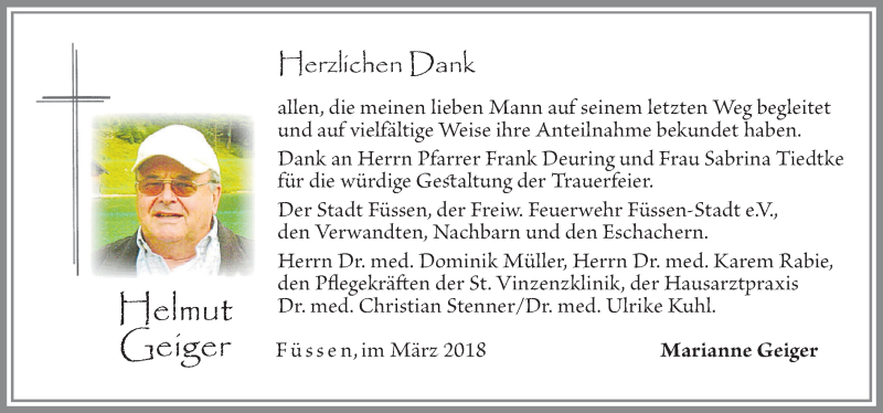 Traueranzeige von Helmut Geiger von Allgäuer Zeitung, Füssen