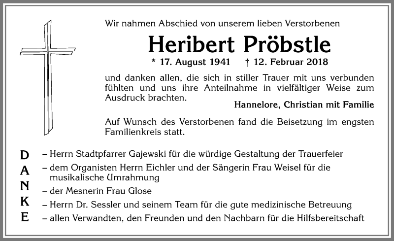 Traueranzeige von Heribert Pröbstle von Allgäuer Zeitung,Kempten