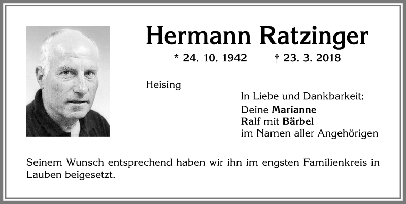 Traueranzeige von Hermann Ratzinger von Allgäuer Zeitung,Kempten