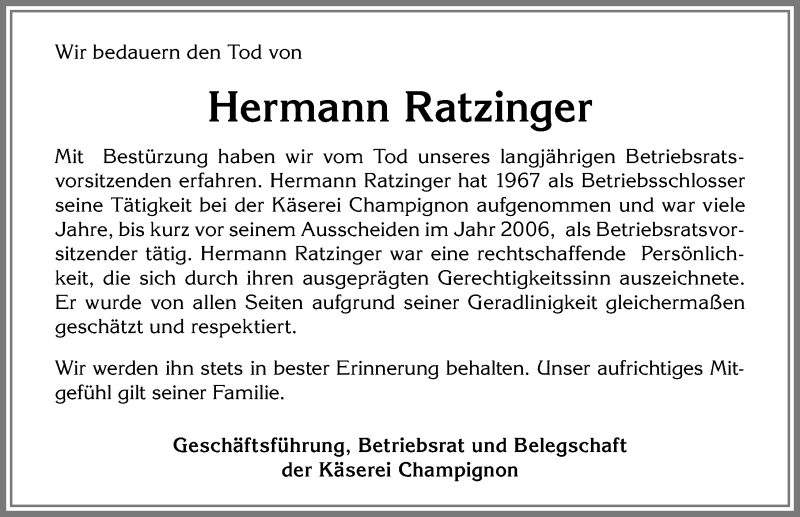 Traueranzeige von Hermann Ratzinger von Allgäuer Zeitung,Kempten