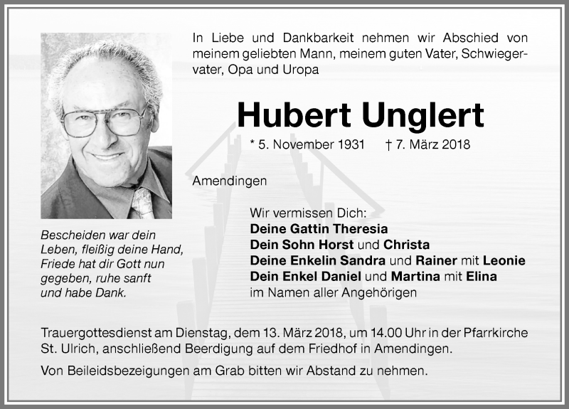 Traueranzeige von Hubert Unglert von Memminger Zeitung