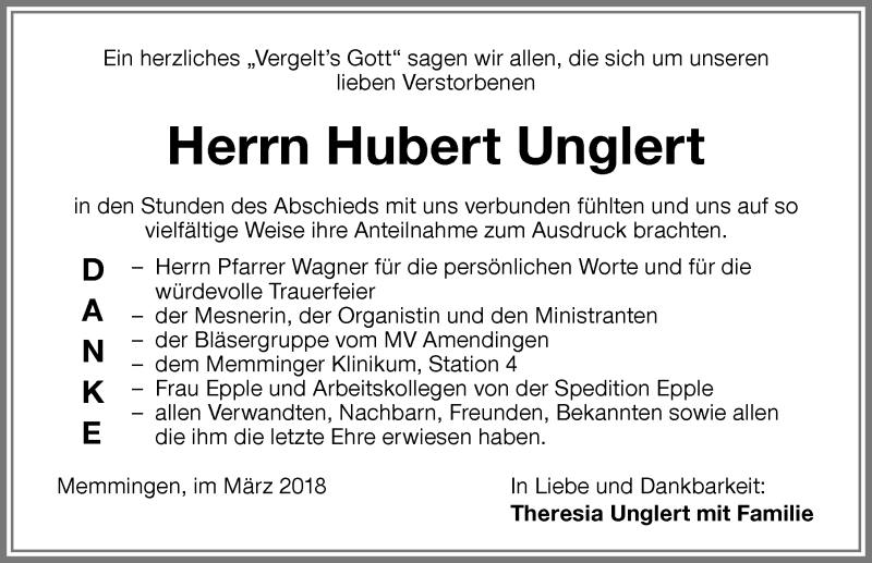 Traueranzeige von Hubert Unglert von Memminger Zeitung