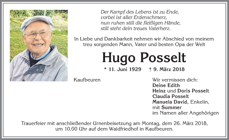 Traueranzeige von Hugo Posselt von Allgäuer Zeitung, Kaufbeuren/Buchloe