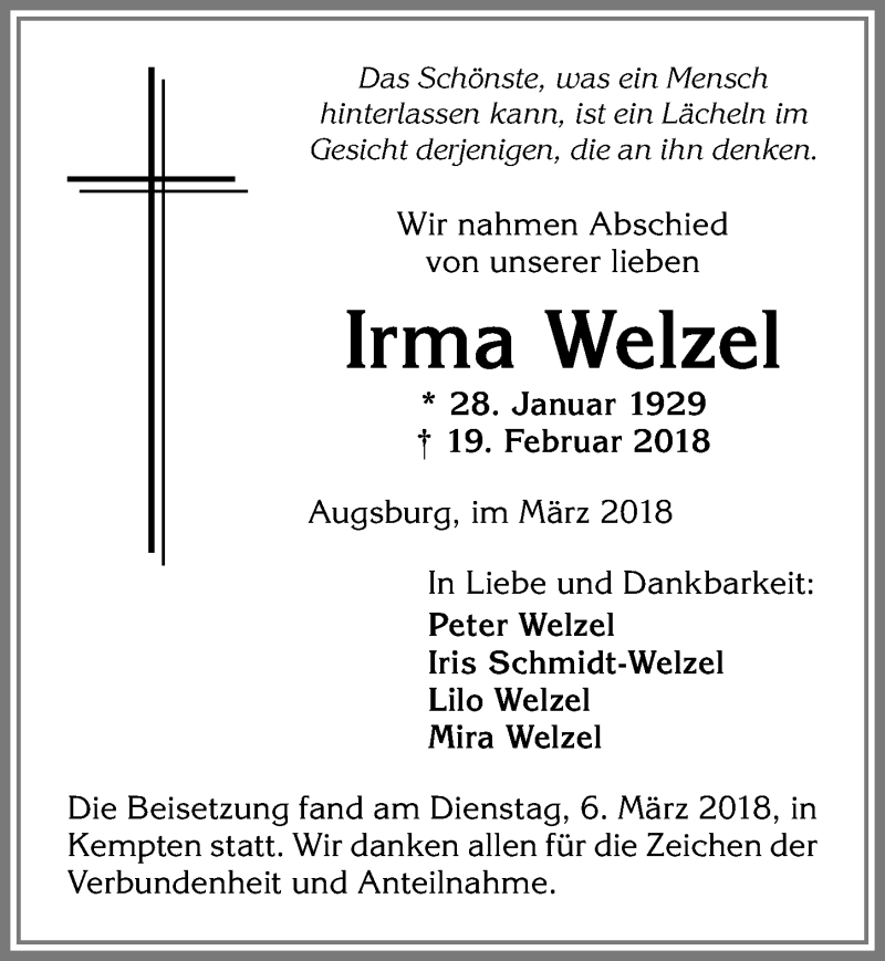 Traueranzeige von Irma Welzel von Allgäuer Zeitung,Kempten