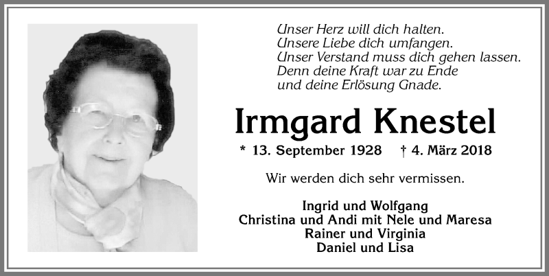 Traueranzeige von Irmgard Knestel von Allgäuer Zeitung, Marktoberdorf