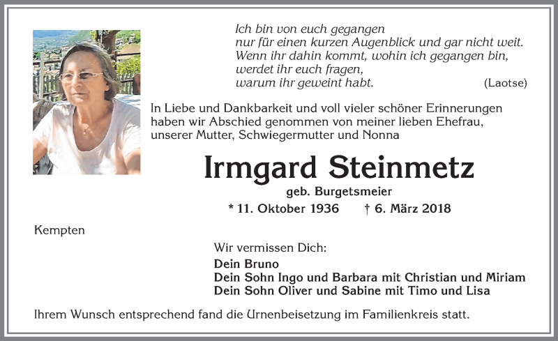 Traueranzeige von Irmgard Steinmetz von Allgäuer Zeitung,Kempten