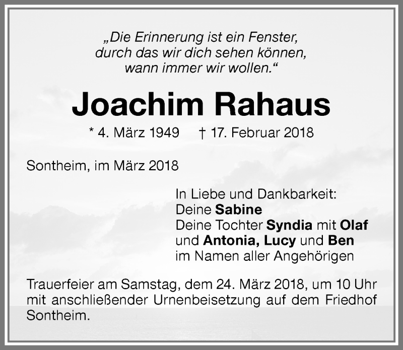 Traueranzeige von Joachim Rahaus von Memminger Zeitung