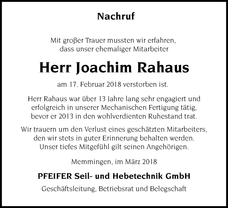 Traueranzeige von Joachim Rahaus von Memminger Zeitung