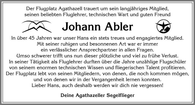 Traueranzeige von Johann Abler von Allgäuer Anzeigeblatt