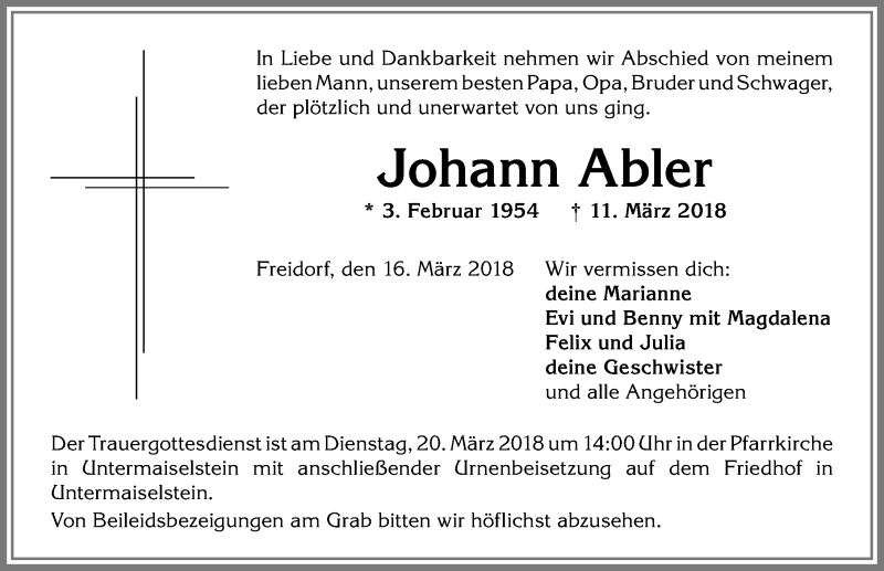 Traueranzeige von Johann Abler von Allgäuer Anzeigeblatt