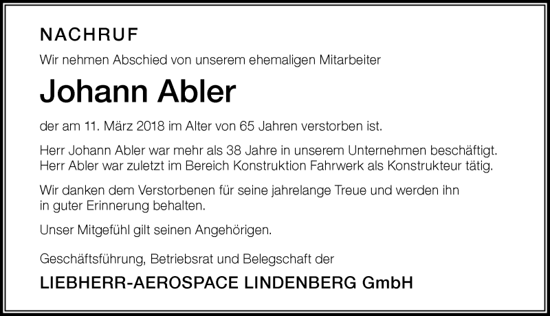 Traueranzeige von Johann Abler von Allgäuer Zeitung