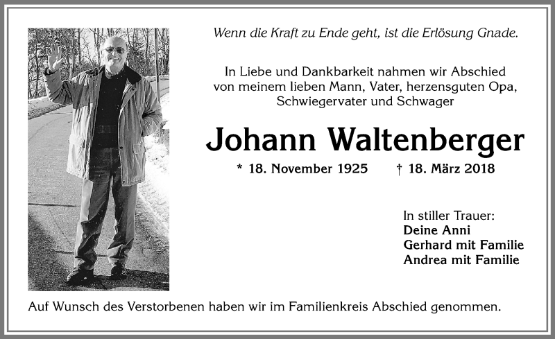 Traueranzeige von Johann Waltenberger von Allgäuer Zeitung,Kempten