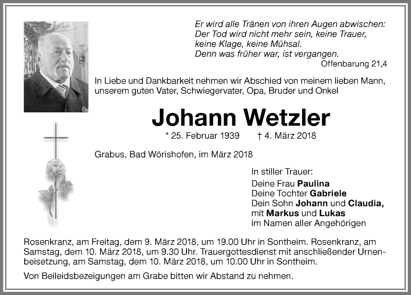 Traueranzeige von Johann Wetzler von Allgäuer Zeitung