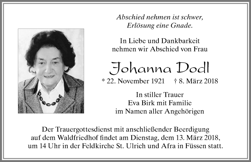 Traueranzeige von Johanna Dodl von Allgäuer Zeitung, Füssen