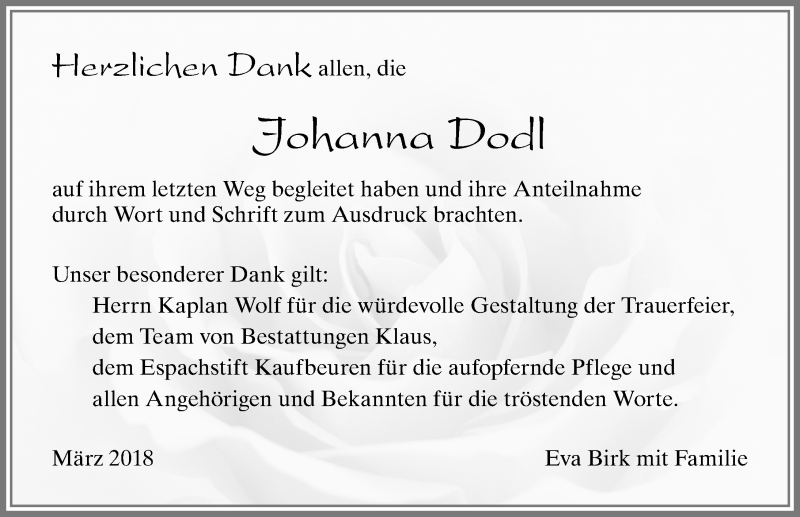 Traueranzeige von Johanna Dodl von Allgäuer Zeitung, Füssen