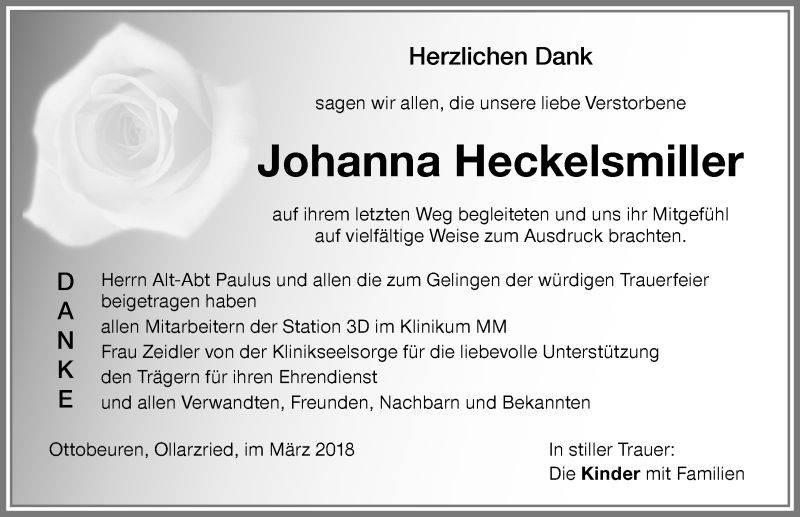 Traueranzeige von Johanna Heckelsmiller von Memminger Zeitung