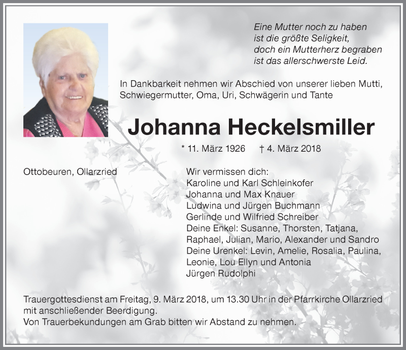 Traueranzeige von Johanna Heckelsmiller von Memminger Zeitung