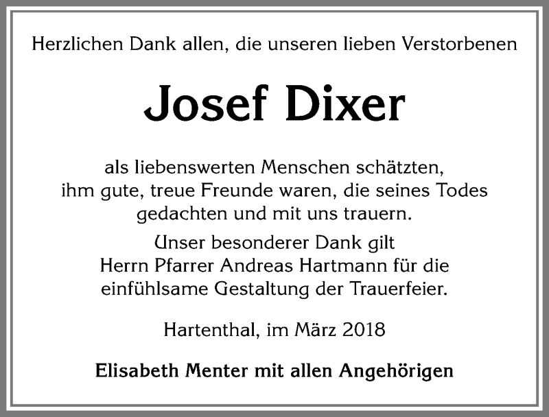 Traueranzeige von Josef Dixer von Allgäuer Zeitung