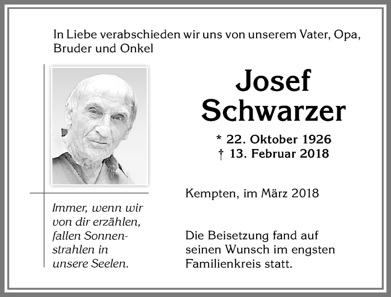 Traueranzeige von Josef Schwarzer von Allgäuer Zeitung,Kempten