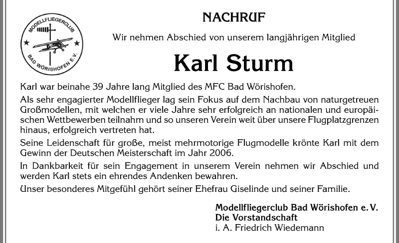 Traueranzeige von Karl Sturm von Allgäuer Zeitung, Kaufbeuren/Buchloe