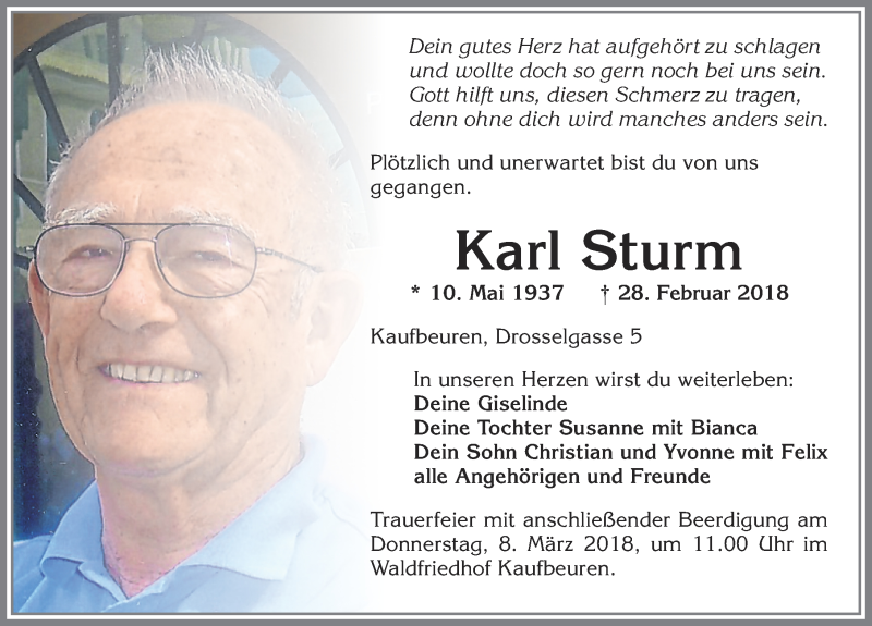 Traueranzeige von Karl Sturm von Allgäuer Zeitung, Kaufbeuren/Buchloe