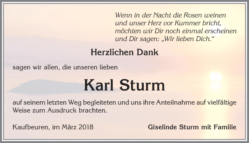 Traueranzeige von Karl Sturm von Allgäuer Zeitung, Kaufbeuren/Buchloe