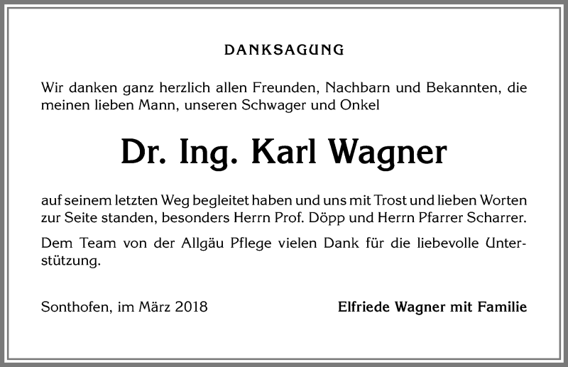 Traueranzeige von Karl Wagner von Allgäuer Anzeigeblatt