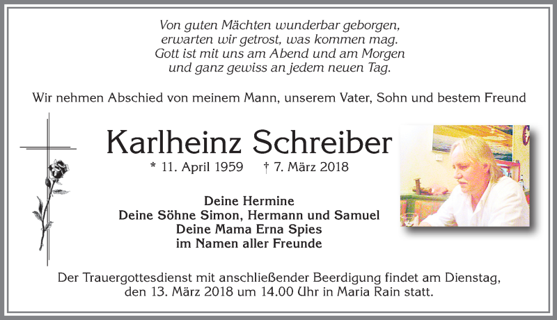 Traueranzeige von Karlheinz Schreiber von Allgäuer Zeitung,Kempten