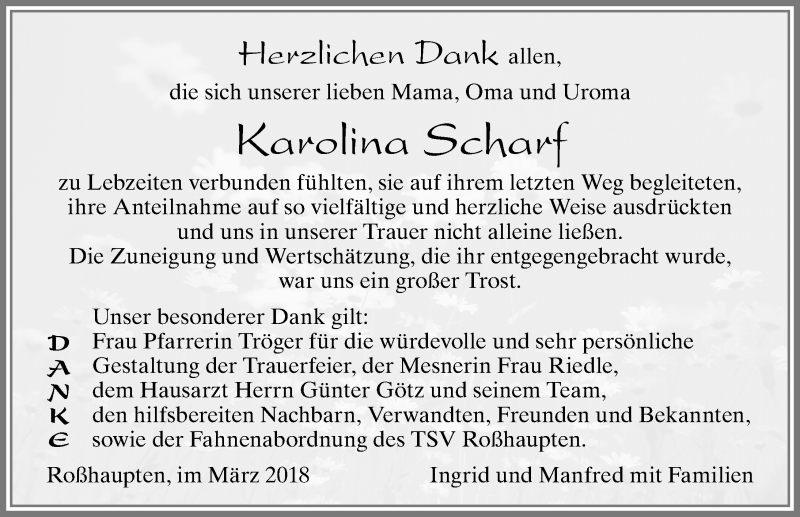 Traueranzeige von Karolina Scharf von Allgäuer Zeitung, Füssen