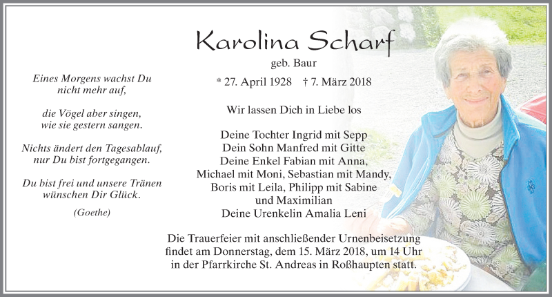 Traueranzeige von Karolina Scharf von Allgäuer Zeitung, Füssen