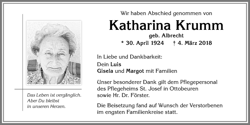 Traueranzeige von Katharina Krumm von Memminger Zeitung