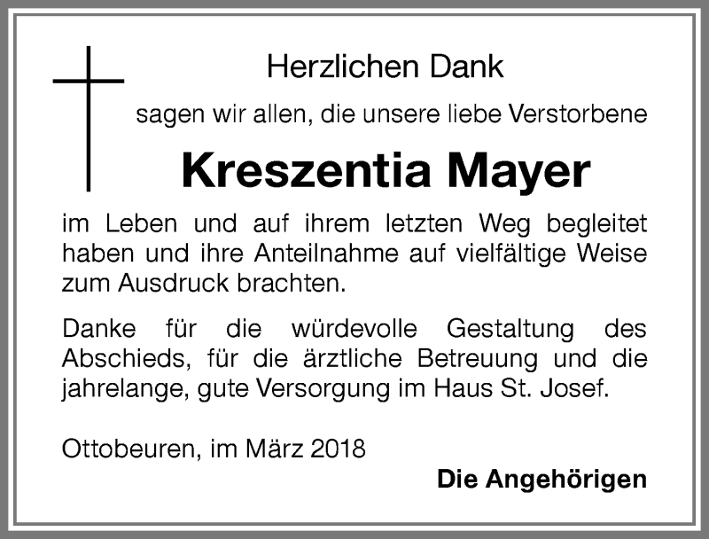 Traueranzeige von Kreszentia Mayer von Memminger Zeitung