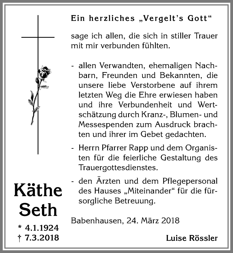 Traueranzeige von Käthe Seth von Allgäuer Anzeigeblatt