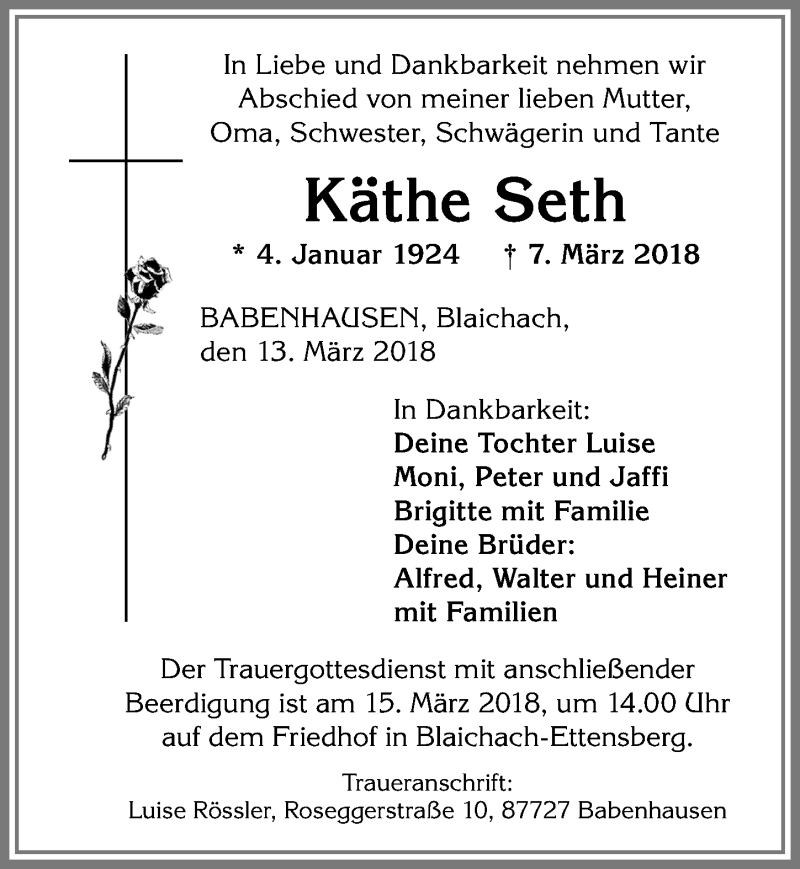 Traueranzeige von Käthe Seth von Allgäuer Anzeigeblatt